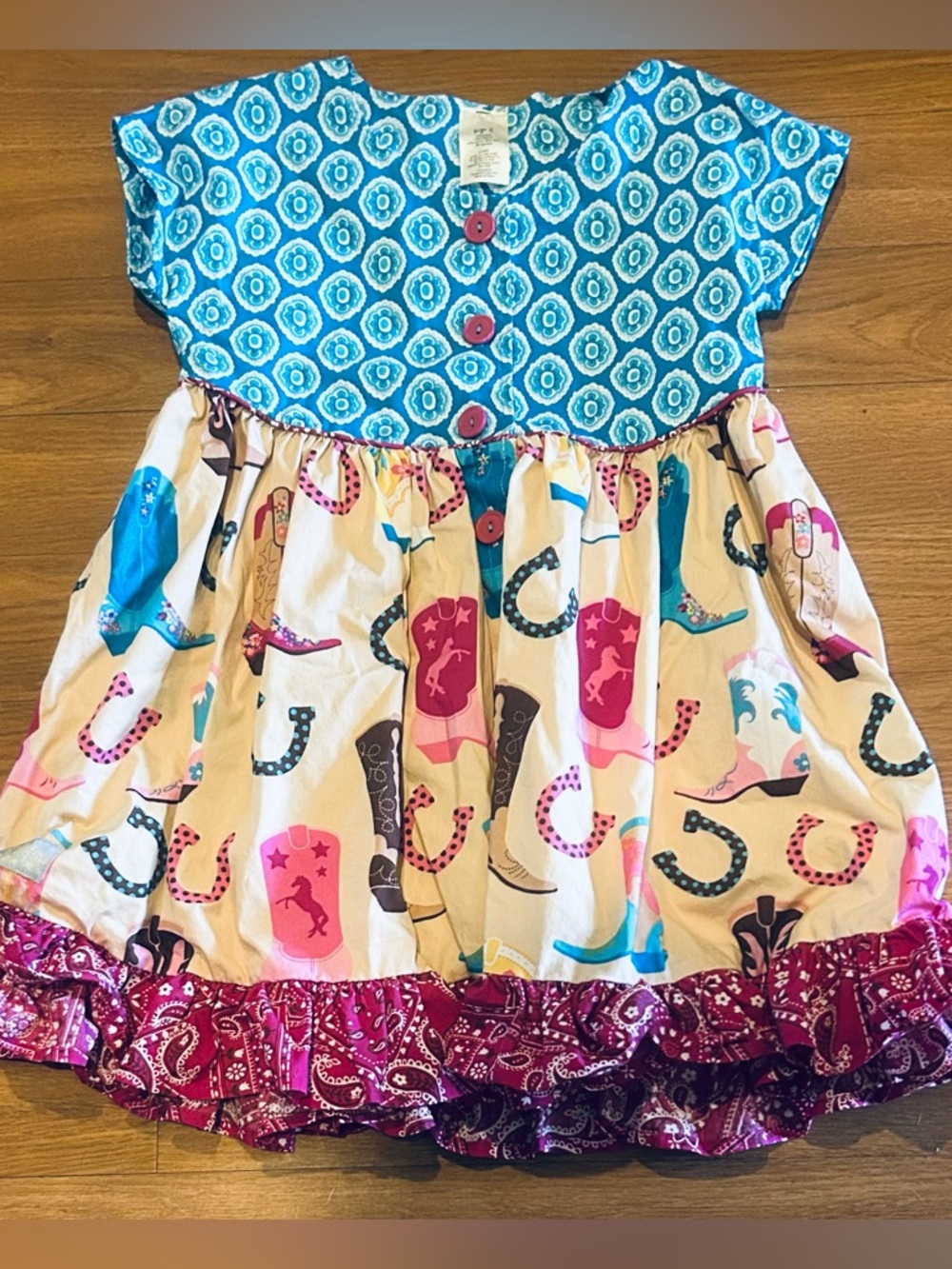 Eleanor Rose Girls Cowgirl Print Dress Teal Bodice Oregon trail rodeo days